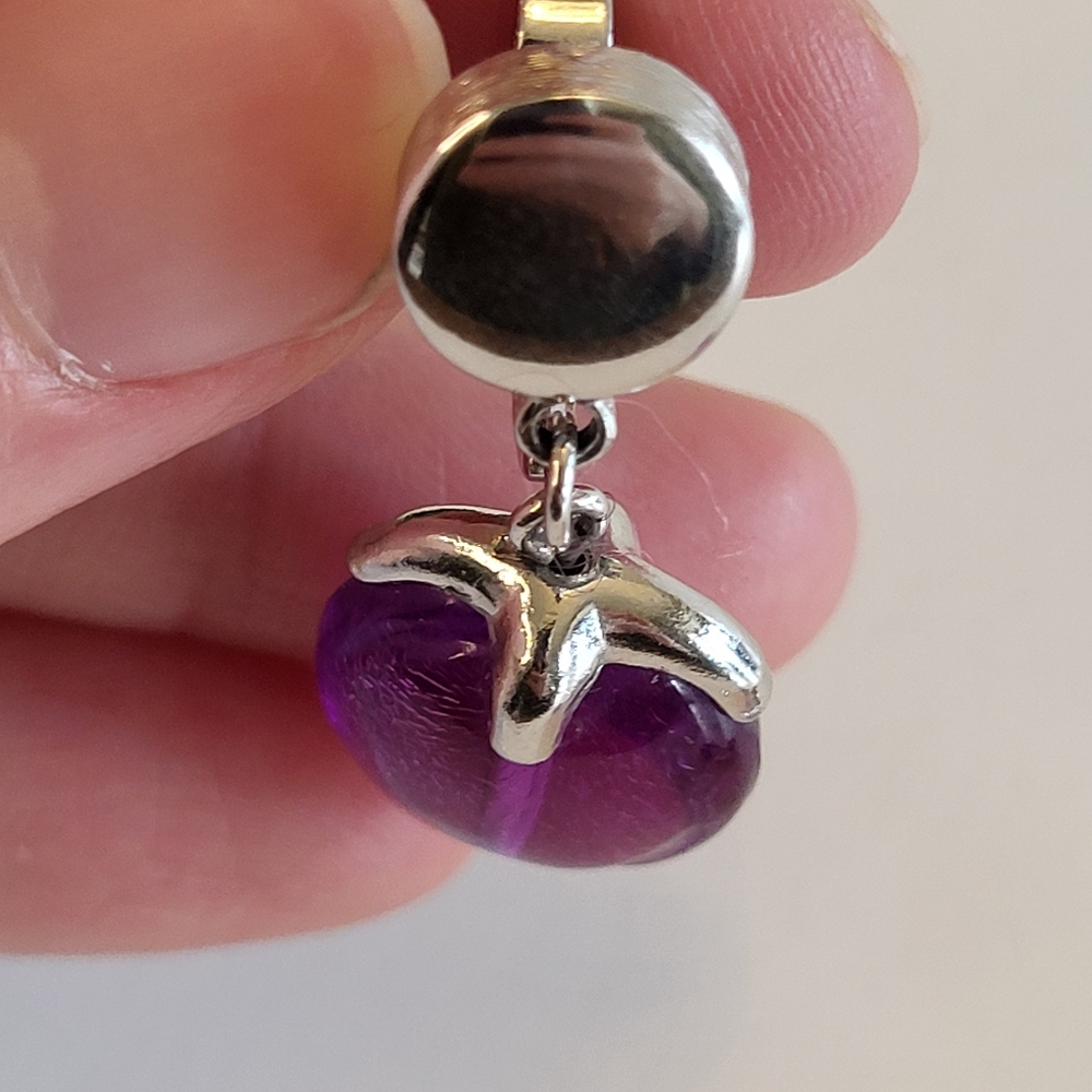 VTG Crown Trifari Silvertone Purple Lucite Dangle Clip On Earrings Waterfall 60s - Picture 8 of 15